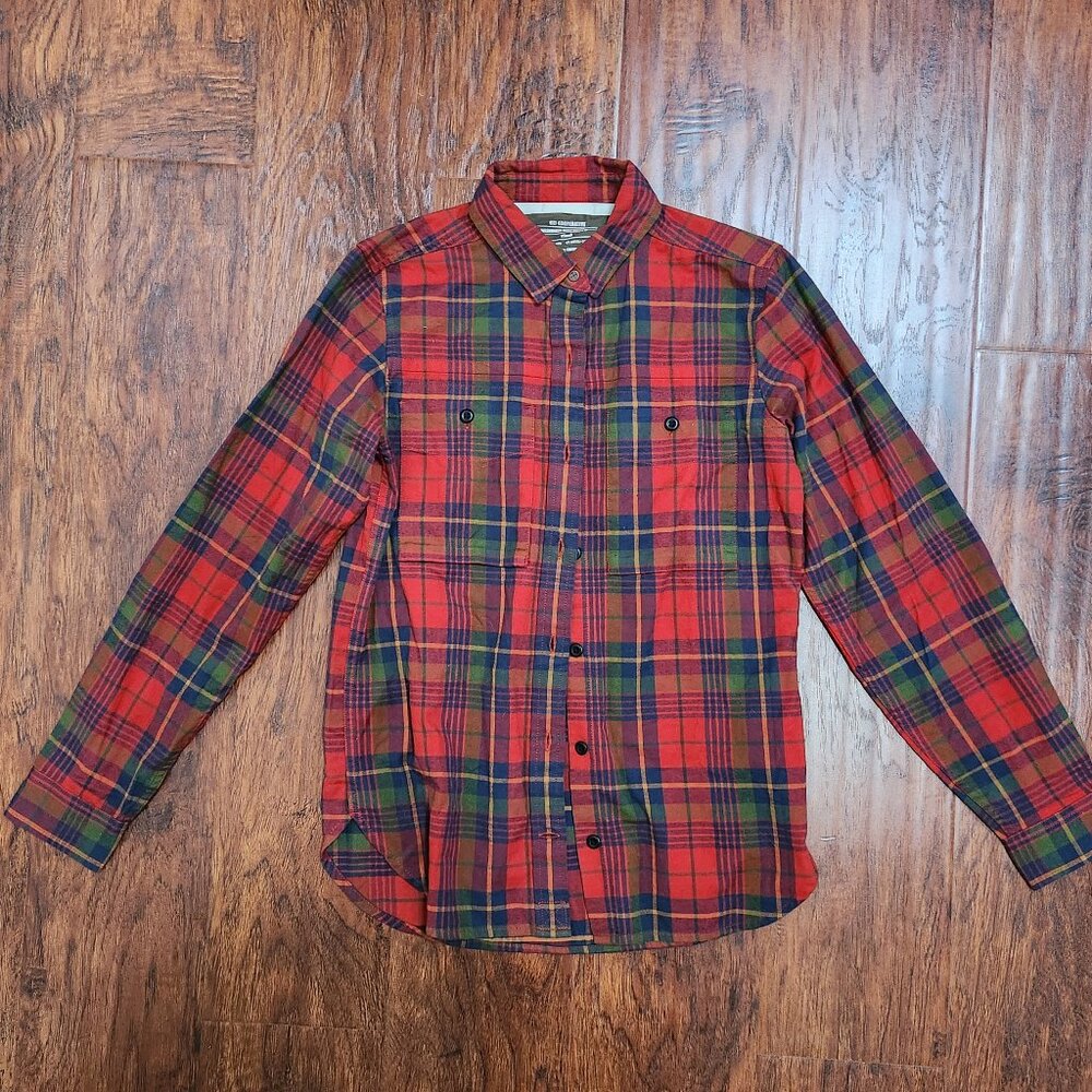 REI red plaid button down shirt